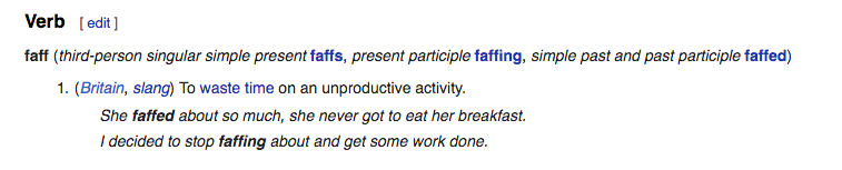 Faffing, Wiktionary definition